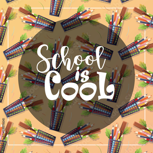 Fun seamless vector background with pencil containers, rulers and School is Cool message. Great for back-to-school promotions, notebooks, web visuals and social posts.
