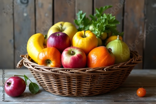 Mixed fruits in a wicker basket inside an old house