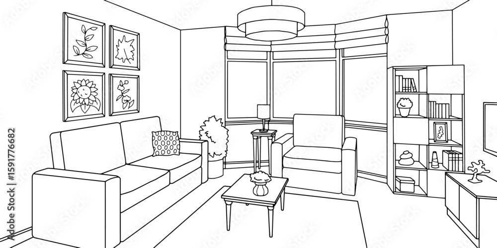 Fototapeta premium Living room graphic black white home interior sketch illustration vector 