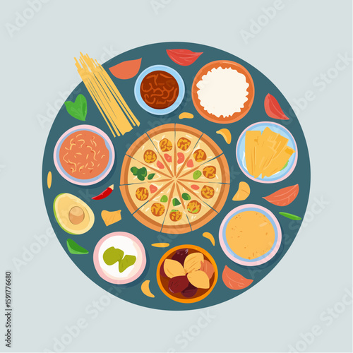 Overhead view of a circular arrangement featuring a pizza at the center, surrounded by various sauces, pasta, chips, avocado, and other food items.