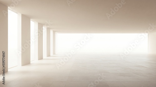 Fototapeta Naklejka Na Ścianę i Meble -  Bright, empty hall with sunlight pouring through tall, narrow windows