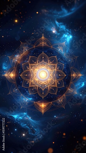 Golden mandala in a cosmic backdrop