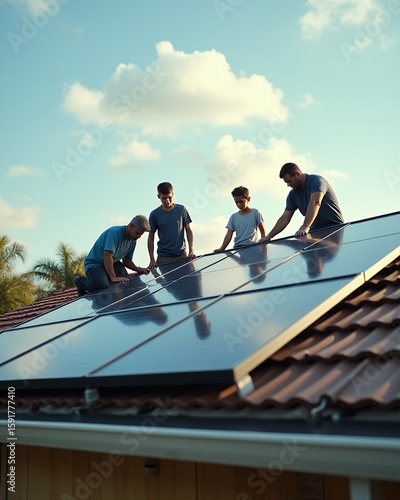 Team installs solar panels on home roof