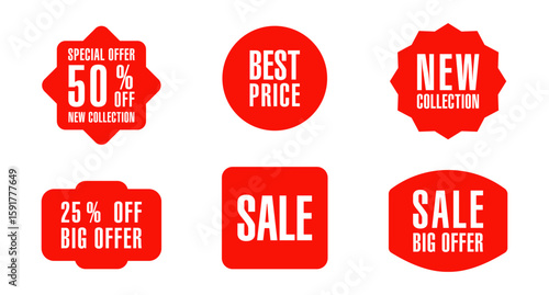 Set of new stickers, sale tags and labels. Shopping stickers and badges for merchandise and promotion, special offer, new collection, discount etc. Red stickers for web banners