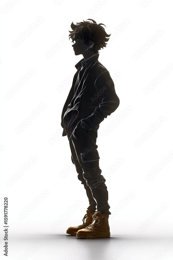 Obraz premium Silhouette of boy stands with hands in pockets, warmly lit from behind