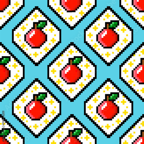 Seamless pattern featuring pixelated red apples and cross shapes on light blue backgrounds within a white rhomboid frame