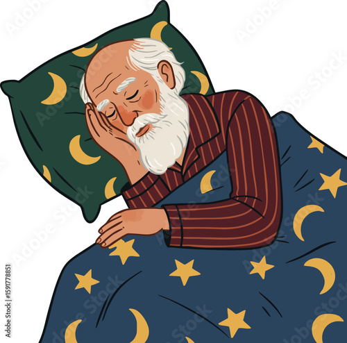 Elderly man sleeping peacefully under star and moon patterned blanket and pillow vector illustration