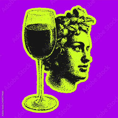 Wine glass and Bacchus statue head in pop art style. Bold yellow and purple elements in this vector illustration with Italian mythology symbols.