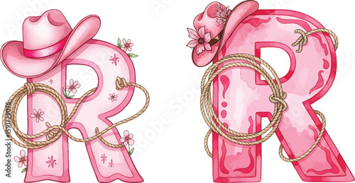 Pink Western Letter R Illustrations - Cowboy Hats, Rope & Floral Alphabet Art
