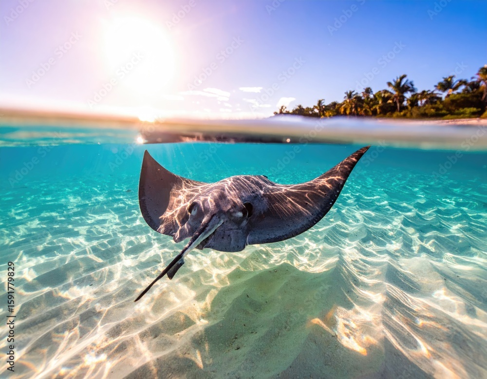 Fototapeta premium Underwater ray, sunlit turquoise