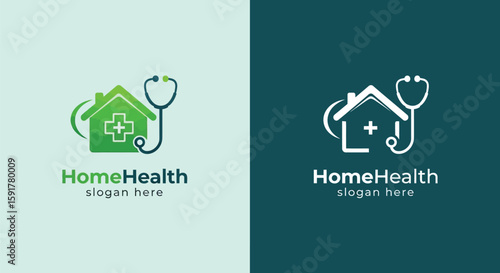 Home health care logo concept presents a stethoscope and house symbol, ideal for medical service branding and healthcare company identity.
