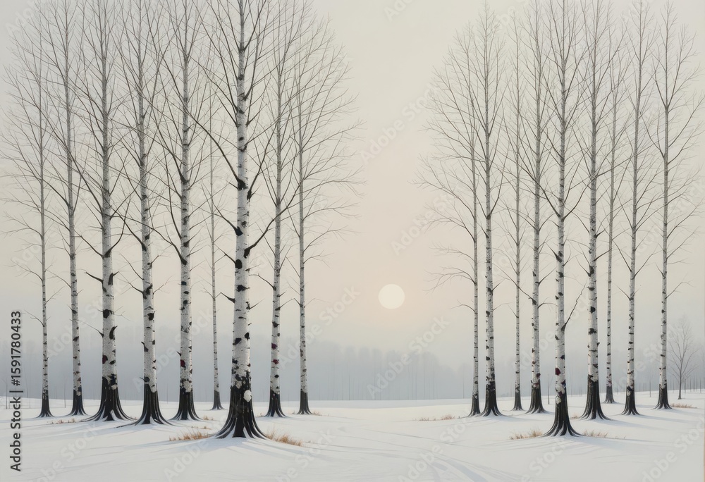 Naklejka premium Winter Birches A minimalist painting of bare silver birch trees in a snowy landscape, evokes winter s tranquility and subtle