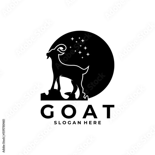 Goat stand on rock logo design vector template. Goat and moon stars logo design vector