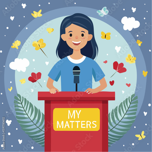 A young girl confidently speaks at a red podium with "MY MATTERS" written on it, surrounded by hearts, stars, and butterflies.