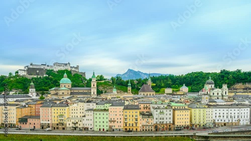 The city of Salzburg with the Salzach River and the Fortess Hochenzalzburg, Austria - Timelapse Video