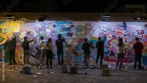 Vibrant street art mural creation at night with diverse artists painting a colorful wall scene