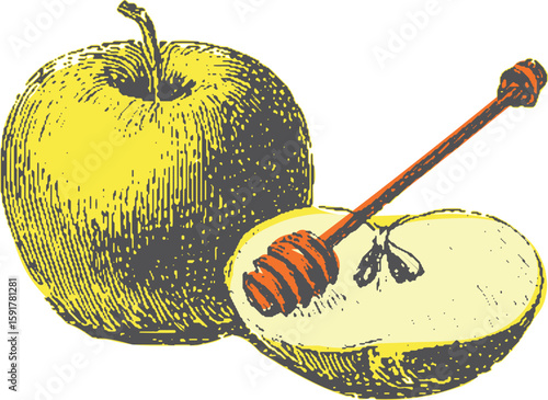 Apple and honey with honey dipper drawn in vintage style. Isolated fruit vector illustration for Rosh Hashanah celebration.