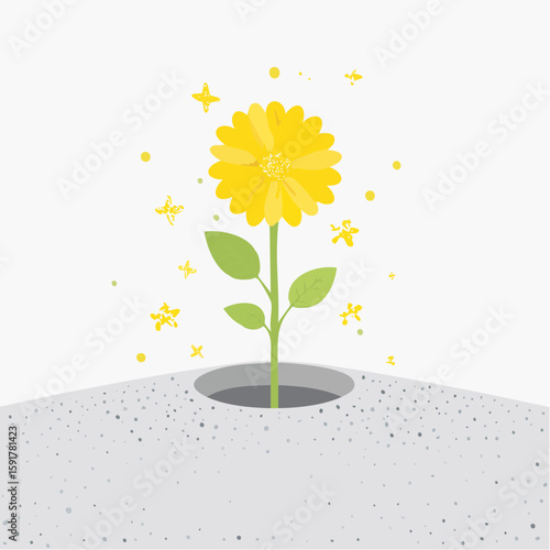 A vibrant yellow flower sprouts from a hole in the ground, surrounded by glittering sparkles.