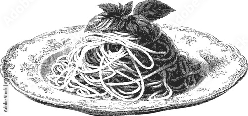 Pasta with basil on a plate in vintage engraving style. Traditional Italian food vector illustration with detailed handdrawn artwork.