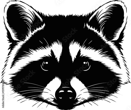 A striking black and white illustration of a raccoon's head, showcasing detailed fur and expressive eyes.