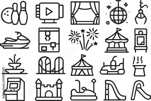 Amusement park and entertainment icons bowling pins