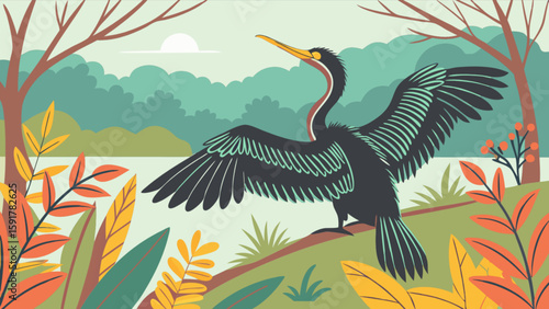 Anhinga bird spreading its wings in a natural habitat with trees and foliage in the background scene