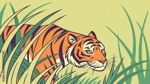 A tiger prowls through tall green grass with orange and black stripes in a jungle environment scene