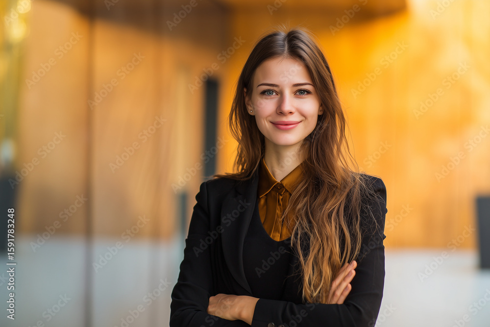 Fototapeta premium Businesswoman, with long wavy brown hair, wearing a classic black suit, classic black skirt, classic black fitted jacket, wearing a golden silk shirt, is standing in the modern work office.