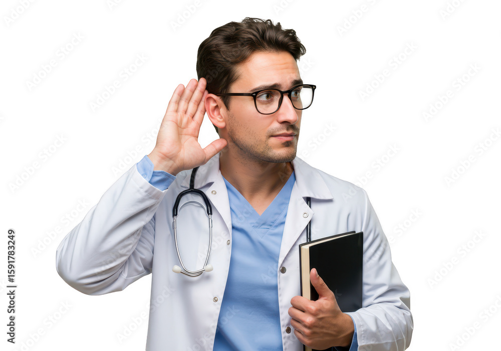 A doctor wearing glasses and a stethoscope holds a book and cups his ear as if listening intently, isolated on white isolated on transparent background A doctor wearing glasses and a stethoscope holds a book and cups his ear as if listening intently, isolated on white isolated on transparent background
