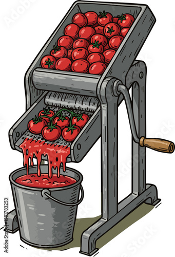 Tomato juice extractor machine processing fresh red tomatoes into bucket vector illustration