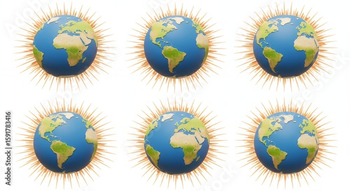 Six earth globes with golden rays