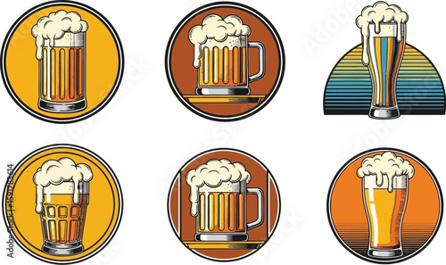 Refreshing beer illustrations display frothy pints and mugs, ideal for pub or brewery promotional material in vibrant vintage style.