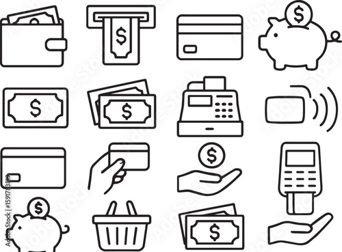 Financial transaction icons with dollar signs and payment methods