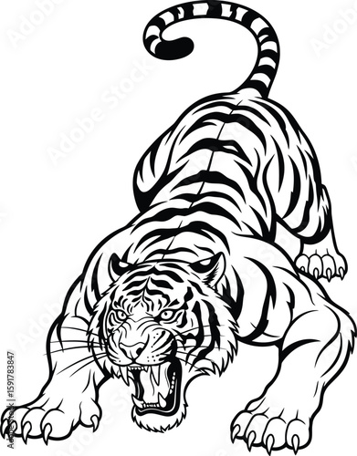 Striking vector art of a tiger in black and white, ideal for graphic design projects, tattoo designs, or illustrating wildlife themes.