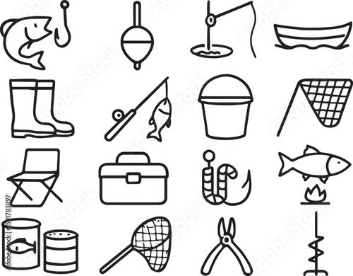 Fishing Icons Set With Fish Hook And Boat bobber