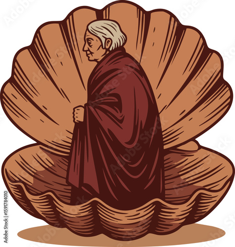Elderly woman standing inside large open seashell vintage vector illustration