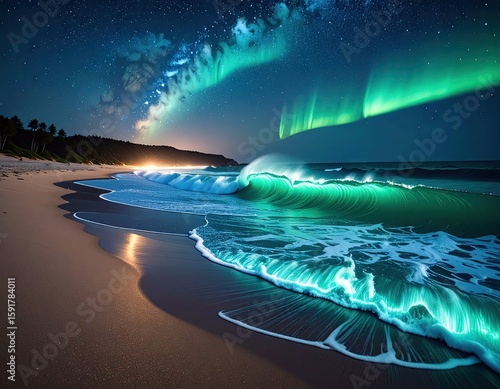 Stunning night seascape with aurora borealis