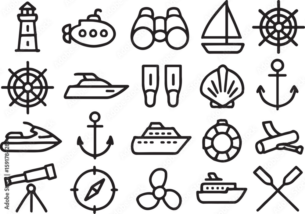 Fototapeta premium Nautical icons collection with boats and maritime equipment