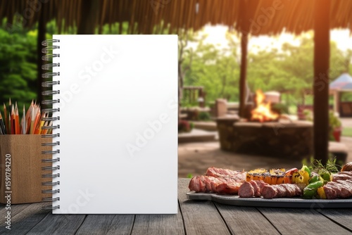 Spiral notebook with blank pages on wooden table with grilled meat ribs on the left and grilled meat skewers on the right. Food and cooking concept for design and print.