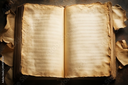 Old open book with blank yellowed pages and torn edges on wooden table. Vintage paper texture with aged look. Historical book and literature concept for design and print.