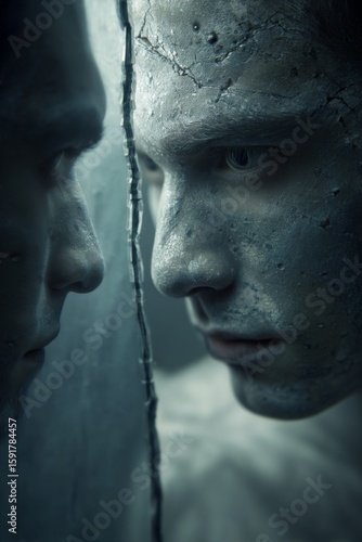 Close-up of a human face reflected in a cracked mirror