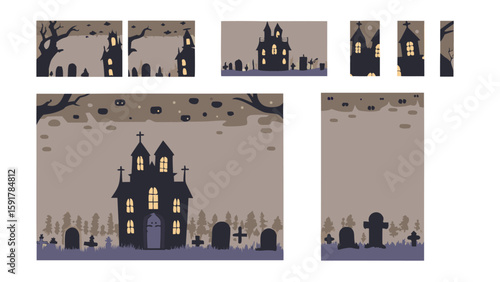 Illustration of a haunted house with tombstones and trees in a spooky halloween night setting scene view