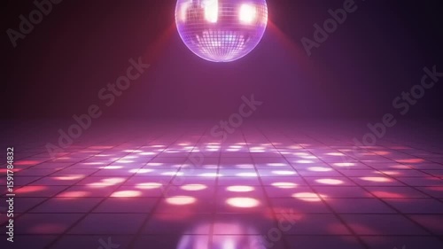 Sparkling disco ball reflecting vibrant lights on a dance floor, creating a lively party atmosphere