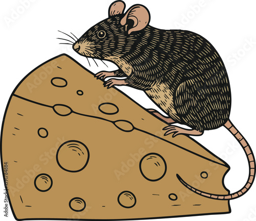 Mouse sitting on large piece of cheese vector illustration in natural colors