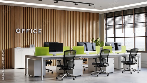 Modern Office Interior Design With Natural Wood Elements And Green Accents Creating A Productive Workspace