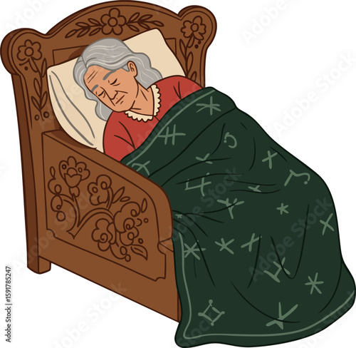 Elderly woman sleeping peacefully in carved wooden bed with green blanket vector illustration