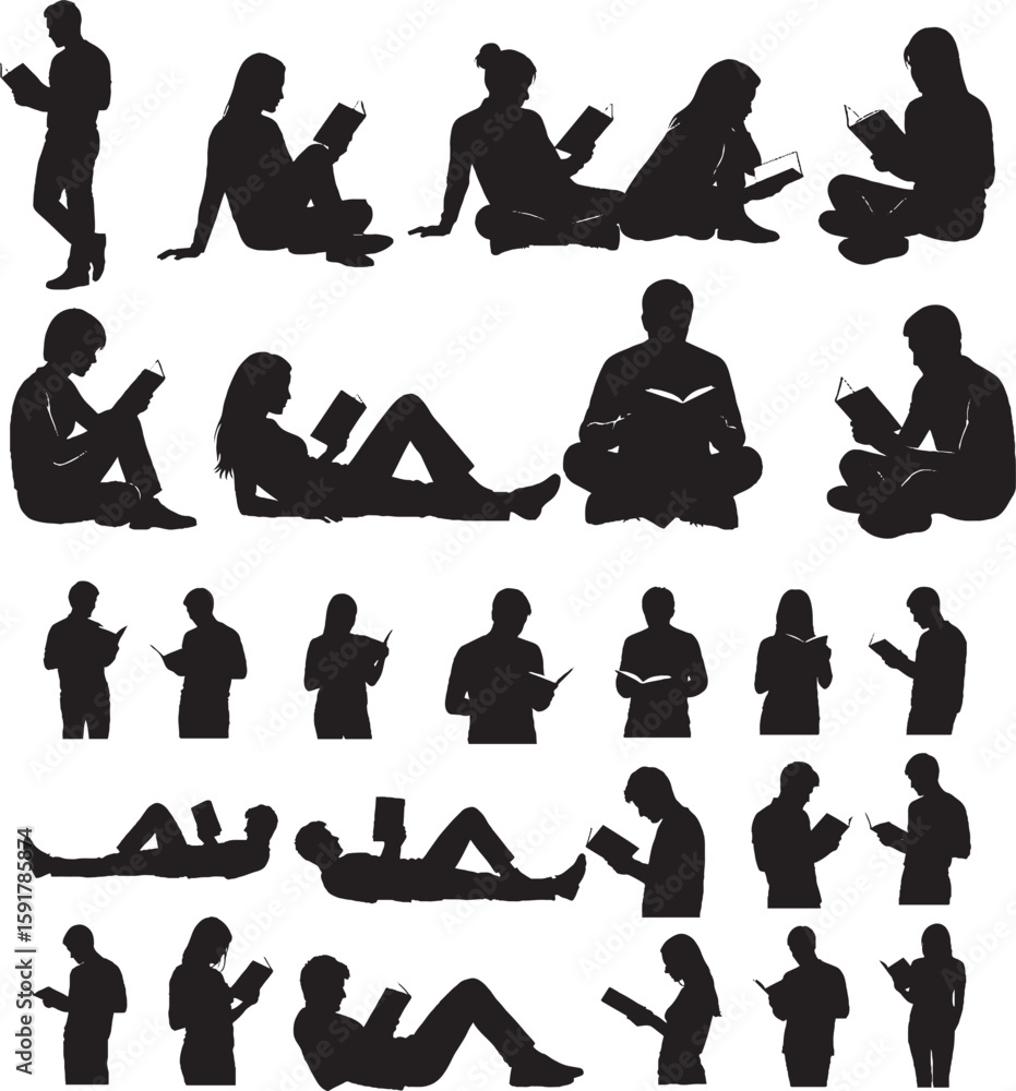 custom made wallpaper toronto digital"Set of 25 Reading Silhouettes | Black and White Vector Icons of People Reading in Various Poses"