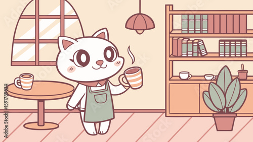 Vector art of a cute cat is holding a coffee in a bakery shop
