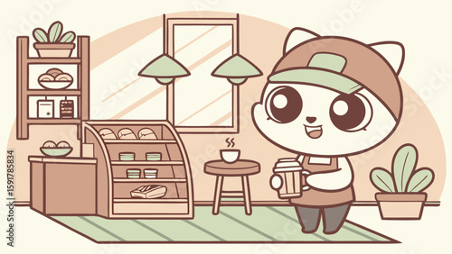 Vector art of a cute cat is holding a cup of coffee in a cafe