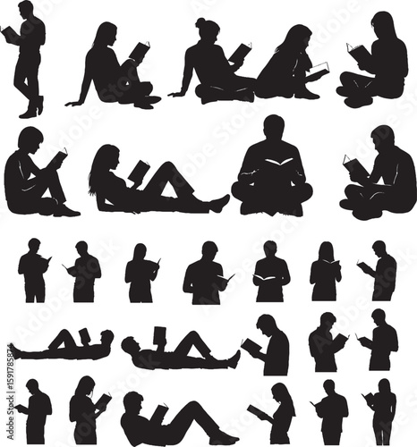 Wallpaper Mural "Set of 25 Reading Silhouettes | Black and White Vector Icons of People Reading in Various Poses" Torontodigital.ca